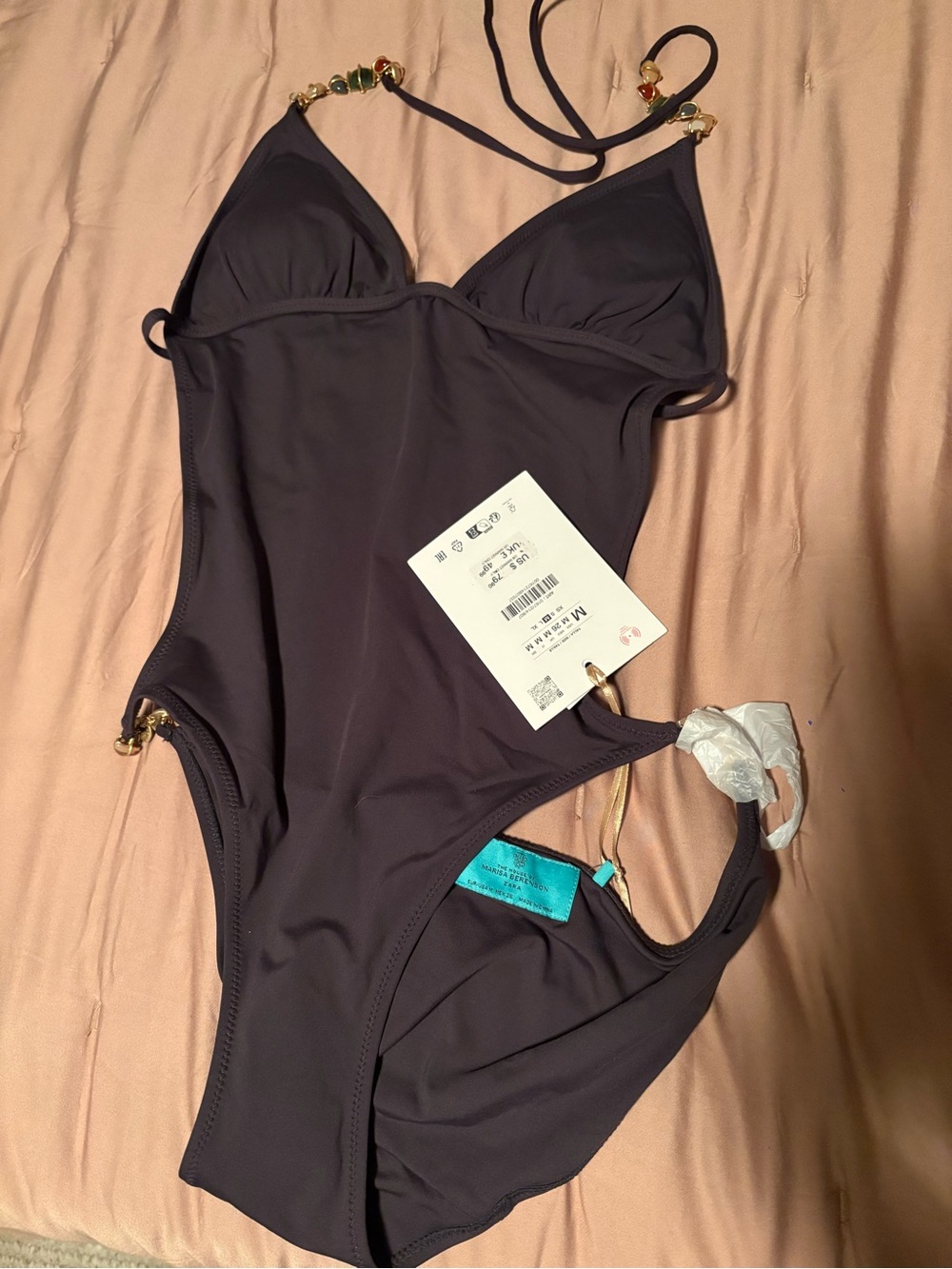 Womens One-Piece Swimsuit - Dark brown with Gold Accents